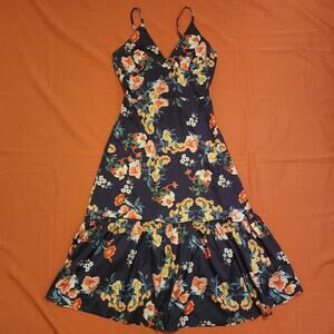 Black Floral Strappy Sz S Fit & Flare Ruffle Hem Midi Dress Small Lined